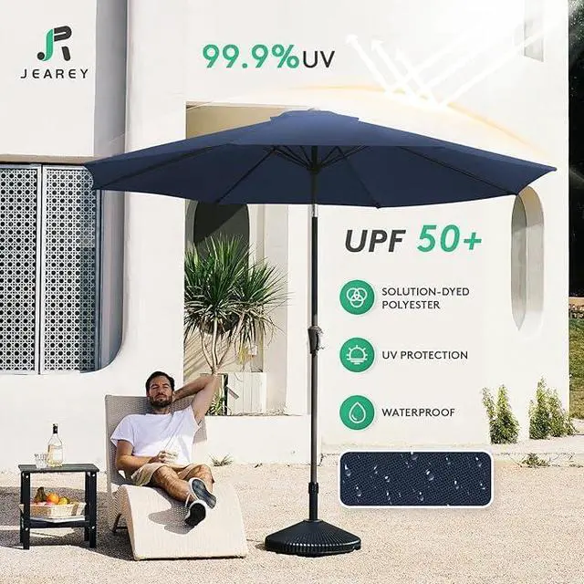 Alt view image 3 of 7 - JEAREY Outdoor Patio Umbrella 9FT Outdoor Table Umbrella with Push Button Tilt and Crank, Market Umbrellas 8 Sturdy Ribs UV Protection Waterproof for Garden, Deck, Pool (Purplish Blue)