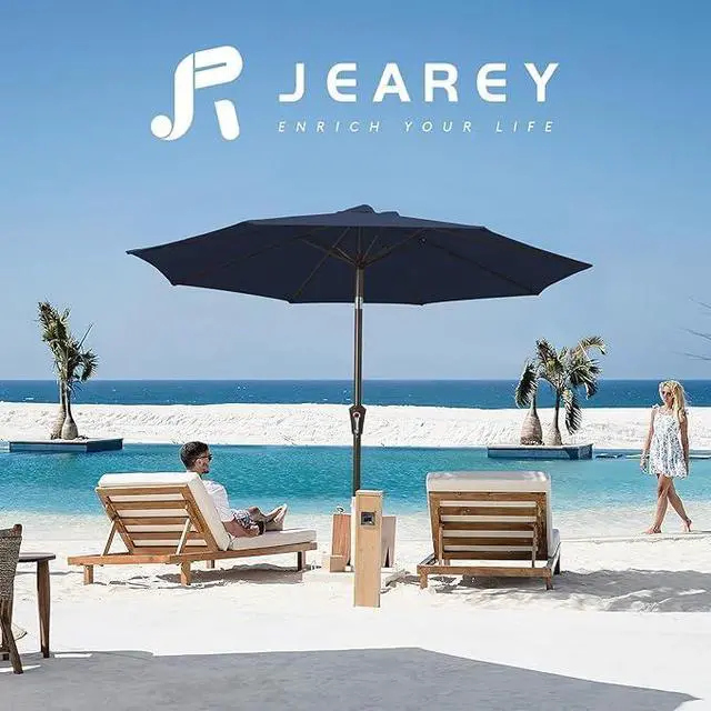 Alt view image 6 of 7 - JEAREY Outdoor Patio Umbrella 9FT Outdoor Table Umbrella with Push Button Tilt and Crank, Market Umbrellas 8 Sturdy Ribs UV Protection Waterproof for Garden, Deck, Pool (Purplish Blue)