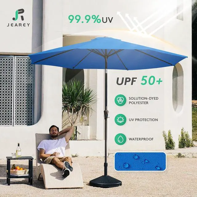 Alt view image 3 of 7 - JEAREY 9FT Outdoor Patio Umbrella Outdoor Table Umbrella with Push Button Tilt and Crank, Market Umbrella 8 Sturdy Ribs UV Protection Waterproof for Garden, Deck, Backyard, Pool (Royal Blue)