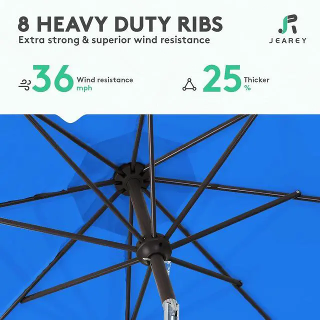 Alt view image 5 of 7 - JEAREY 9FT Outdoor Patio Umbrella Outdoor Table Umbrella with Push Button Tilt and Crank, Market Umbrella 8 Sturdy Ribs UV Protection Waterproof for Garden, Deck, Backyard, Pool (Royal Blue)