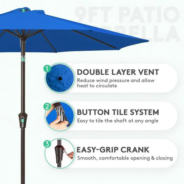 Alt view image 2 of 7 - JEAREY 9FT Outdoor Patio Umbrella Outdoor Table Umbrella with Push Button Tilt and Crank, Market Umbrella 8 Sturdy Ribs UV Protection Waterproof for Garden, Deck, Backyard, Pool (Royal Blue)