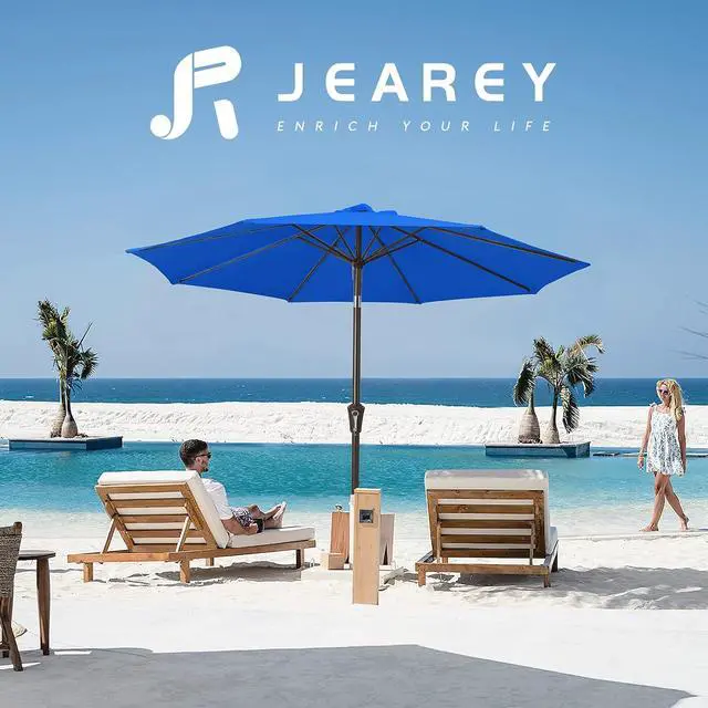 Alt view image 6 of 7 - JEAREY 9FT Outdoor Patio Umbrella Outdoor Table Umbrella with Push Button Tilt and Crank, Market Umbrella 8 Sturdy Ribs UV Protection Waterproof for Garden, Deck, Backyard, Pool (Royal Blue)