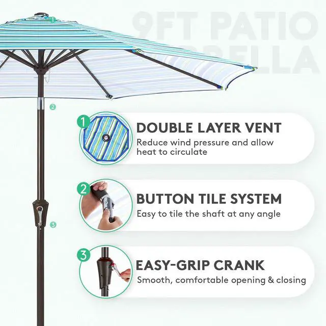 Alt view image 2 of 7 - JEAREY 9FT Outdoor Patio Umbrella Outdoor Table Umbrella with Push Button Tilt and Crank, Market Umbrella 8 Sturdy Ribs UV Protection Waterproof for Garden, Deck, Backyard, Pool (Blue Green Stripe)