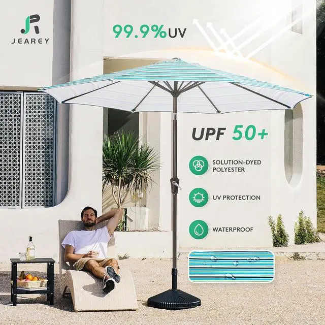 Alt view image 3 of 7 - JEAREY 9FT Outdoor Patio Umbrella Outdoor Table Umbrella with Push Button Tilt and Crank, Market Umbrella 8 Sturdy Ribs UV Protection Waterproof for Garden, Deck, Backyard, Pool (Blue Green Stripe)