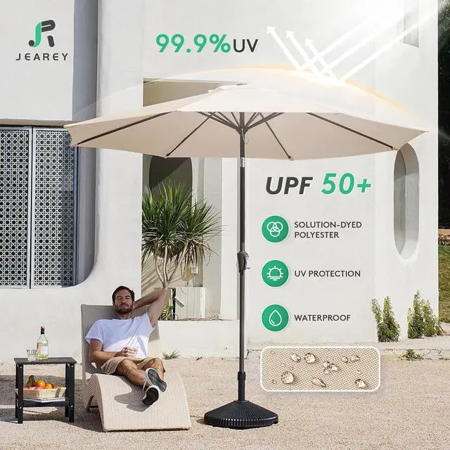 Alt view image 3 of 7 - JEAREY 9FT Outdoor Patio Umbrella Market Umbrella with Push Button Tilt and Crank, Outdoor Table Umbrellas 8 Sturdy Ribs UV Protection Waterproof for Garden, Deck, Backyard, Pool (Cream Beige)