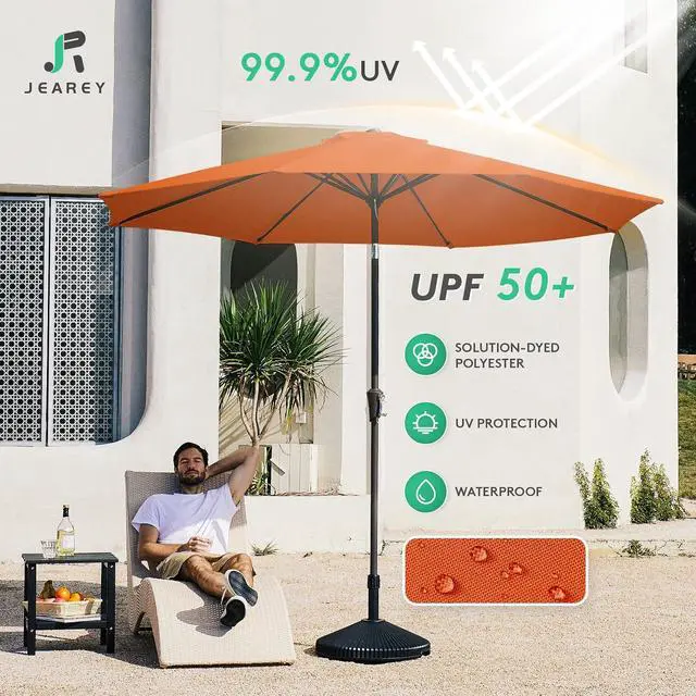 Alt view image 3 of 7 - JEAREY 9FT Outdoor Patio Umbrella, Market Umbrella, Orange | Outdoor Table Umbrellas with 8 Sturdy, Tilt & Crank UV Protection Waterproof for Garden, Deck, Backyard, Pool
