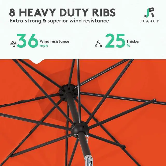 Alt view image 5 of 7 - JEAREY 9FT Outdoor Patio Umbrella, Market Umbrella, Orange | Outdoor Table Umbrellas with 8 Sturdy, Tilt & Crank UV Protection Waterproof for Garden, Deck, Backyard, Pool