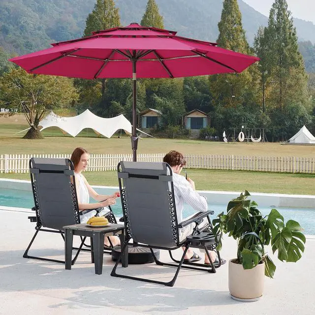 Alt view image 2 of 7 - JEAREY 3 Tier 9 ft Outdoor Patio Umbrella with Tilt and Crank, Pink | Market Table Umbrella with 8 Sturdy Ribs, 1.5 in Pole, UV Protection Waterproof Sunproof for Pool, Deck and Backyard