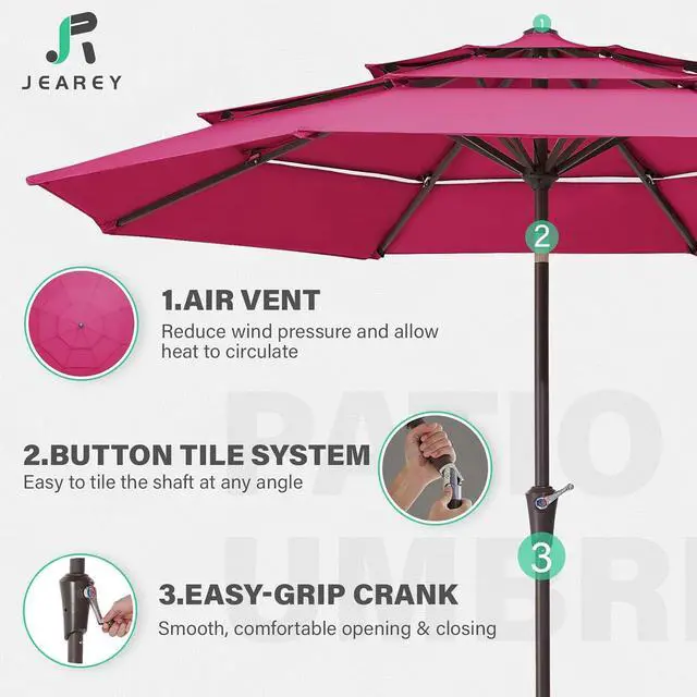 Alt view image 4 of 7 - JEAREY 3 Tier 9 ft Outdoor Patio Umbrella with Tilt and Crank, Pink | Market Table Umbrella with 8 Sturdy Ribs, 1.5 in Pole, UV Protection Waterproof Sunproof for Pool, Deck and Backyard