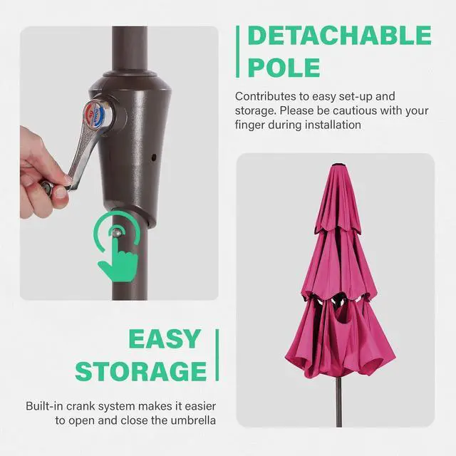 Alt view image 5 of 7 - JEAREY 3 Tier 9 ft Outdoor Patio Umbrella with Tilt and Crank, Pink | Market Table Umbrella with 8 Sturdy Ribs, 1.5 in Pole, UV Protection Waterproof Sunproof for Pool, Deck and Backyard