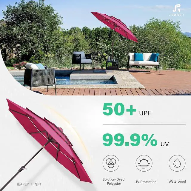 Alt view image 3 of 7 - JEAREY 3 Tier 9 ft Outdoor Patio Umbrella with Tilt and Crank, Pink | Market Table Umbrella with 8 Sturdy Ribs, 1.5 in Pole, UV Protection Waterproof Sunproof for Pool, Deck and Backyard