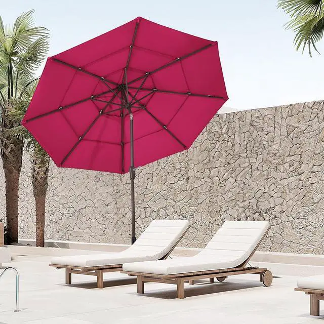 Alt view image 7 of 7 - JEAREY 3 Tier 9 ft Outdoor Patio Umbrella with Tilt and Crank, Pink | Market Table Umbrella with 8 Sturdy Ribs, 1.5 in Pole, UV Protection Waterproof Sunproof for Pool, Deck and Backyard