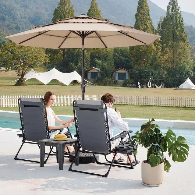 Alt view image 2 of 7 - JEAREY 9FT 3 Tier Patio Umbrella Outdoor Market Umbrella Table Umbrellas with 8 Ribs 1.5 Pole Push Button Tilt and Crank UV Protection for Garden,Beige