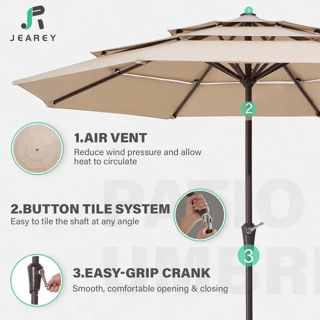 Alt view image 3 of 7 - JEAREY 9FT 3 Tier Patio Umbrella Outdoor Market Umbrella Table Umbrellas with 8 Ribs 1.5 Pole Push Button Tilt and Crank UV Protection for Garden,Beige