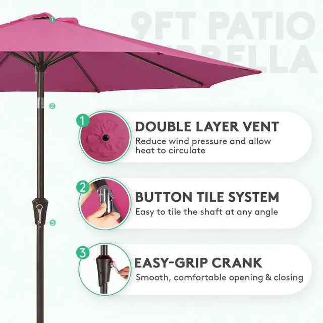 Alt view image 2 of 7 - JEAREY 9FT Outdoor Patio Umbrella Outdoor Table Umbrella with Push Button Tilt and Crank, Market Umbrella 8 Sturdy Ribs UV Protection Waterproof for Garden, Deck, Backyard, Pool (Rose Pink)