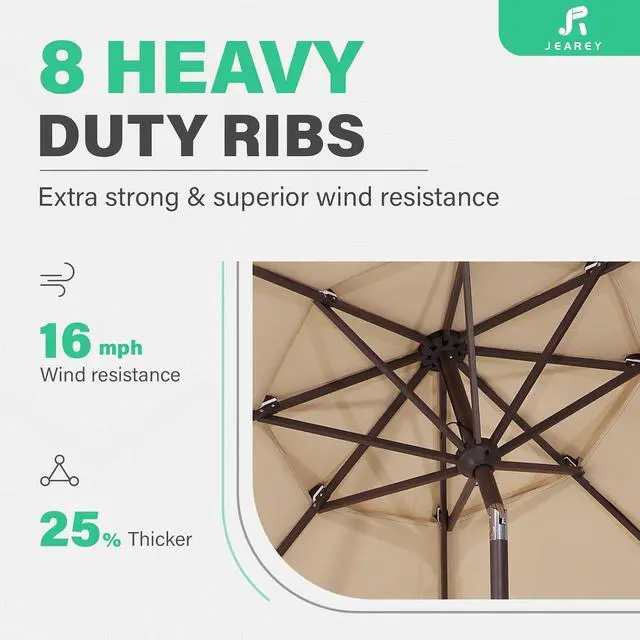 Alt view image 4 of 7 - JEAREY 9FT 3 Tier Patio Umbrella Outdoor Market Umbrella Table Umbrellas with 8 Ribs 1.5 Pole Push Button Tilt and Crank UV Protection for Garden,Beige