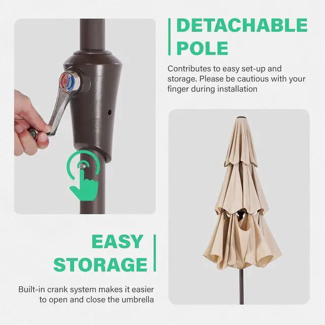 Alt view image 5 of 7 - JEAREY 9FT 3 Tier Patio Umbrella Outdoor Market Umbrella Table Umbrellas with 8 Ribs 1.5 Pole Push Button Tilt and Crank UV Protection for Garden,Beige
