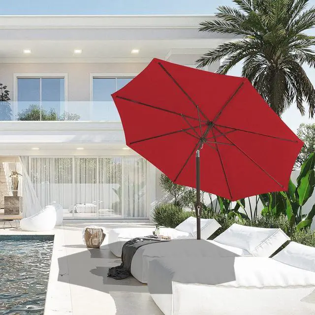 Alt view image 4 of 7 - JEAREY 9FT Outdoor Patio Umbrella Outdoor Table Umbrella with Push Button Tilt and Crank, Market Umbrella 8 Sturdy Ribs UV Protection Waterproof for Garden, Deck, Backyard, Pool (Red)