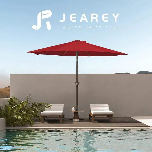 Alt view image 6 of 7 - JEAREY 9FT Outdoor Patio Umbrella Outdoor Table Umbrella with Push Button Tilt and Crank, Market Umbrella 8 Sturdy Ribs UV Protection Waterproof for Garden, Deck, Backyard, Pool (Red)