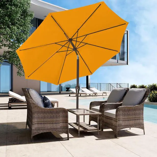 Alt view image 4 of 7 - JEAREY 9FT Outdoor Patio Umbrella Outdoor Table Umbrellas with Push Button Tilt and Crank, Market Umbrella 8 Sturdy Ribs UV Protection Waterproof for Garden, Deck, Backyard, Pool (Sun Orange)