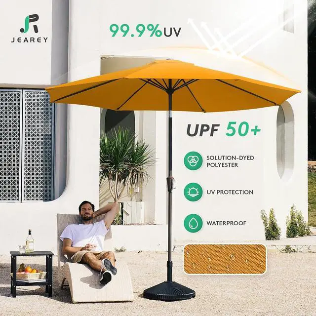 Alt view image 3 of 7 - JEAREY 9FT Outdoor Patio Umbrella Outdoor Table Umbrellas with Push Button Tilt and Crank, Market Umbrella 8 Sturdy Ribs UV Protection Waterproof for Garden, Deck, Backyard, Pool (Sun Orange)