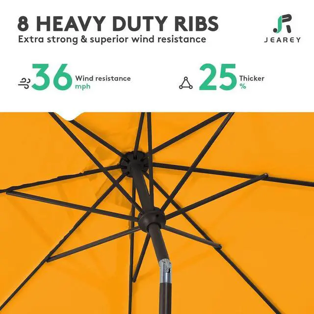 Alt view image 5 of 7 - JEAREY 9FT Outdoor Patio Umbrella Outdoor Table Umbrellas with Push Button Tilt and Crank, Market Umbrella 8 Sturdy Ribs UV Protection Waterproof for Garden, Deck, Backyard, Pool (Sun Orange)