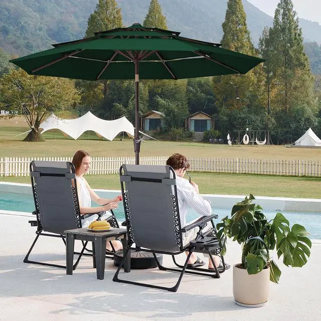 Alt view image 2 of 7 - JEAREY 3 Tier 9 ft Outdoor Patio Umbrella with Tilt and Crank, Dark Green | Market Table Umbrella with 8 Sturdy Ribs, 1.5 in Pole, UV Protection Waterproof Sunproof for Pool, Deck and Backyard