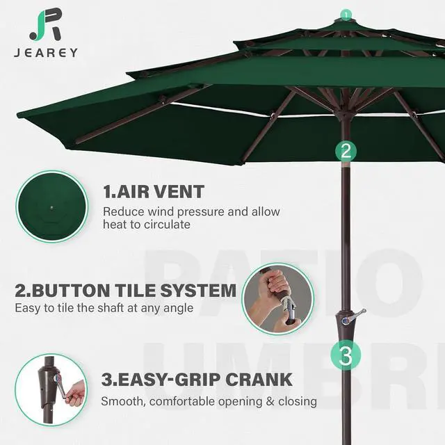 Alt view image 3 of 7 - JEAREY 3 Tier 9 ft Outdoor Patio Umbrella with Tilt and Crank, Dark Green | Market Table Umbrella with 8 Sturdy Ribs, 1.5 in Pole, UV Protection Waterproof Sunproof for Pool, Deck and Backyard