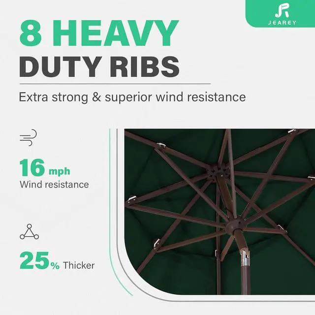 Alt view image 4 of 7 - JEAREY 3 Tier 9 ft Outdoor Patio Umbrella with Tilt and Crank, Dark Green | Market Table Umbrella with 8 Sturdy Ribs, 1.5 in Pole, UV Protection Waterproof Sunproof for Pool, Deck and Backyard