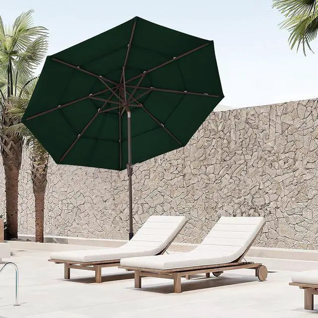 Alt view image 6 of 7 - JEAREY 3 Tier 9 ft Outdoor Patio Umbrella with Tilt and Crank, Dark Green | Market Table Umbrella with 8 Sturdy Ribs, 1.5 in Pole, UV Protection Waterproof Sunproof for Pool, Deck and Backyard