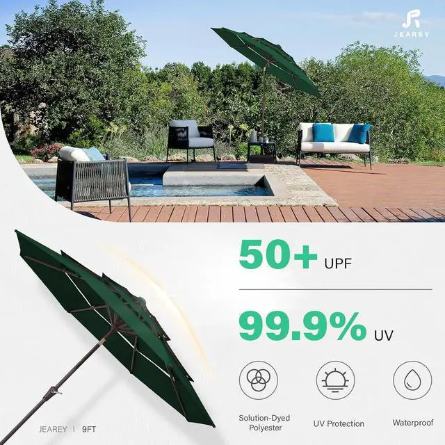 Alt view image 7 of 7 - JEAREY 3 Tier 9 ft Outdoor Patio Umbrella with Tilt and Crank, Dark Green | Market Table Umbrella with 8 Sturdy Ribs, 1.5 in Pole, UV Protection Waterproof Sunproof for Pool, Deck and Backyard