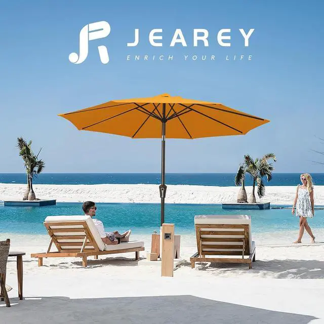 Alt view image 6 of 7 - JEAREY 9FT Outdoor Patio Umbrella Outdoor Table Umbrellas with Push Button Tilt and Crank, Market Umbrella 8 Sturdy Ribs UV Protection Waterproof for Garden, Deck, Backyard, Pool (Sun Orange)