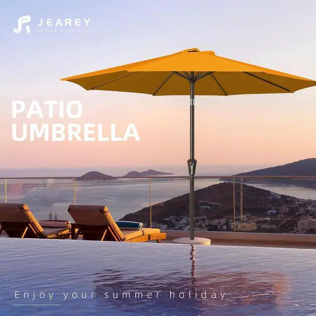 Alt view image 7 of 7 - JEAREY 9FT Outdoor Patio Umbrella Outdoor Table Umbrellas with Push Button Tilt and Crank, Market Umbrella 8 Sturdy Ribs UV Protection Waterproof for Garden, Deck, Backyard, Pool (Sun Orange)