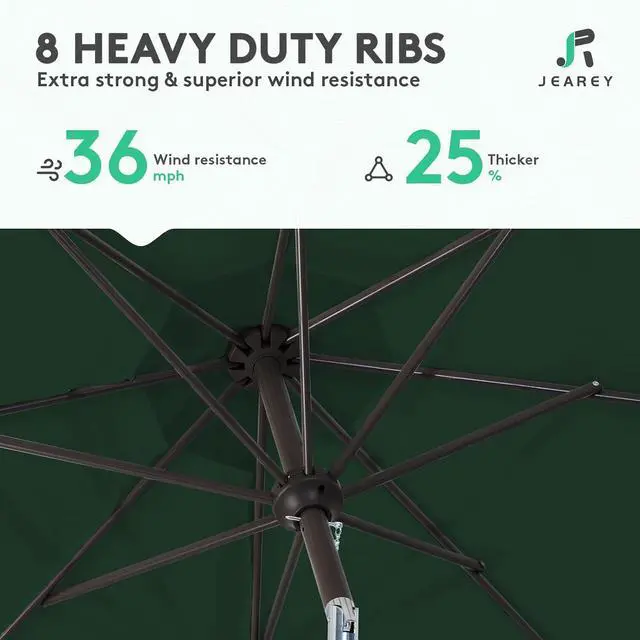 Alt view image 5 of 7 - JEAREY 9FT Outdoor Patio Umbrella Outdoor Table Umbrella with Push Button Tilt and Crank, Market Umbrella 8 Sturdy Ribs UV Protection Waterproof for Garden, Deck, Backyard, Pool (Dark Green)