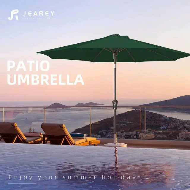 Alt view image 7 of 7 - JEAREY 9FT Outdoor Patio Umbrella Outdoor Table Umbrella with Push Button Tilt and Crank, Market Umbrella 8 Sturdy Ribs UV Protection Waterproof for Garden, Deck, Backyard, Pool (Dark Green)