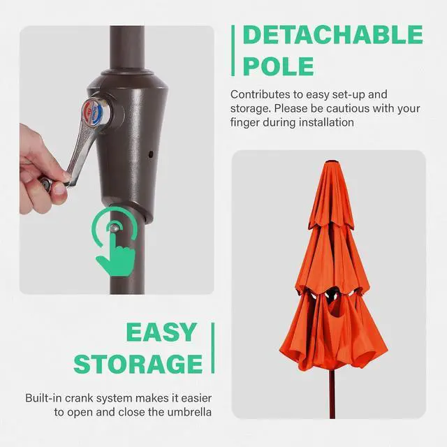 Alt view image 3 of 7 - JEAREY 3 Tier 9 ft Outdoor Patio Umbrella with Tilt and Crank, Orange | Market Table Umbrella with 8 Sturdy Ribs, 1.5 in Pole, UV Protection Waterproof Sunproof for Pool, Deck and Backyard