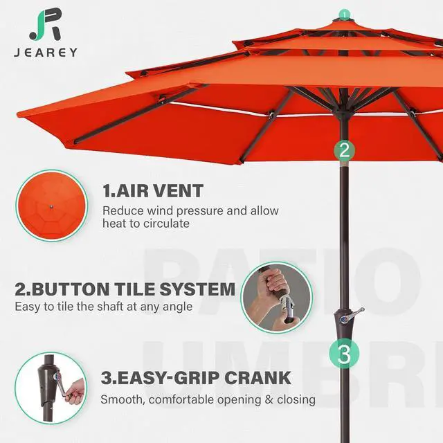 Alt view image 4 of 7 - JEAREY 3 Tier 9 ft Outdoor Patio Umbrella with Tilt and Crank, Orange | Market Table Umbrella with 8 Sturdy Ribs, 1.5 in Pole, UV Protection Waterproof Sunproof for Pool, Deck and Backyard