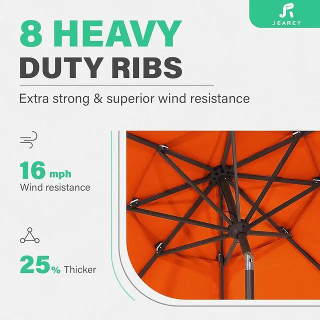 Alt view image 5 of 7 - JEAREY 3 Tier 9 ft Outdoor Patio Umbrella with Tilt and Crank, Orange | Market Table Umbrella with 8 Sturdy Ribs, 1.5 in Pole, UV Protection Waterproof Sunproof for Pool, Deck and Backyard
