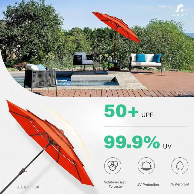 Alt view image 6 of 7 - JEAREY 3 Tier 9 ft Outdoor Patio Umbrella with Tilt and Crank, Orange | Market Table Umbrella with 8 Sturdy Ribs, 1.5 in Pole, UV Protection Waterproof Sunproof for Pool, Deck and Backyard