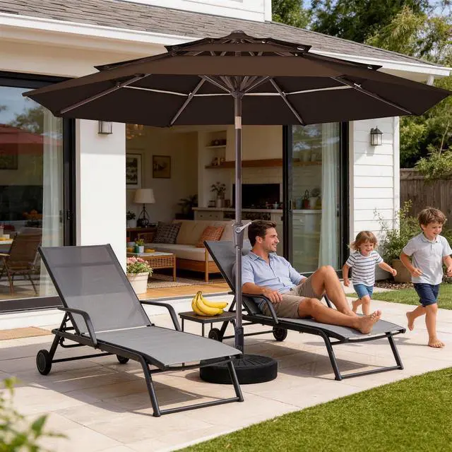Alt view image 2 of 7 - JEAREY 3 Tier 9 ft Outdoor Patio Umbrella with Tilt and Crank, Brown | Market Table Umbrella with 8 Sturdy Ribs, 1.5 in Pole, UV Protection Waterproof Sunproof for Pool, Deck and Backyard