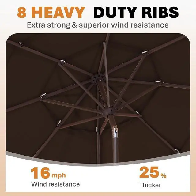Alt view image 3 of 7 - JEAREY 3 Tier 9 ft Outdoor Patio Umbrella with Tilt and Crank, Brown | Market Table Umbrella with 8 Sturdy Ribs, 1.5 in Pole, UV Protection Waterproof Sunproof for Pool, Deck and Backyard