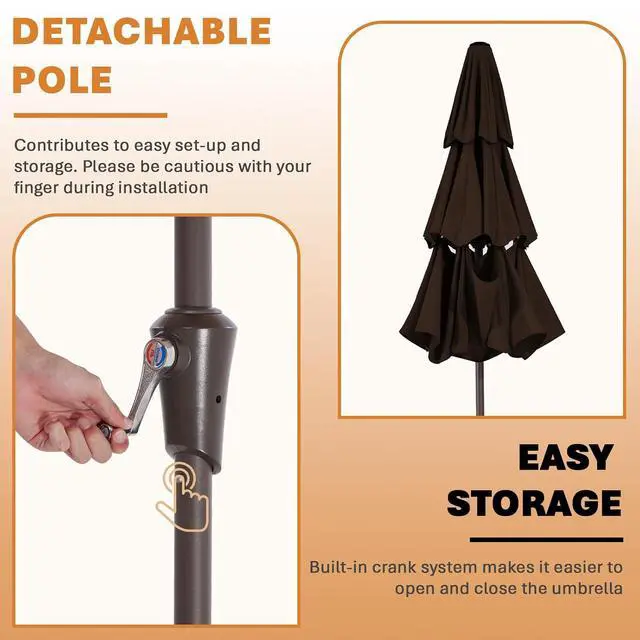 Alt view image 4 of 7 - JEAREY 3 Tier 9 ft Outdoor Patio Umbrella with Tilt and Crank, Brown | Market Table Umbrella with 8 Sturdy Ribs, 1.5 in Pole, UV Protection Waterproof Sunproof for Pool, Deck and Backyard