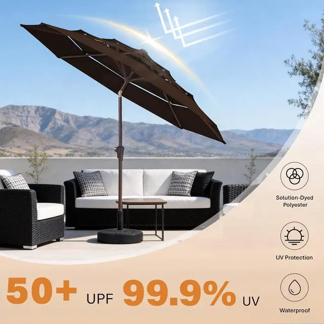 Alt view image 5 of 7 - JEAREY 3 Tier 9 ft Outdoor Patio Umbrella with Tilt and Crank, Brown | Market Table Umbrella with 8 Sturdy Ribs, 1.5 in Pole, UV Protection Waterproof Sunproof for Pool, Deck and Backyard