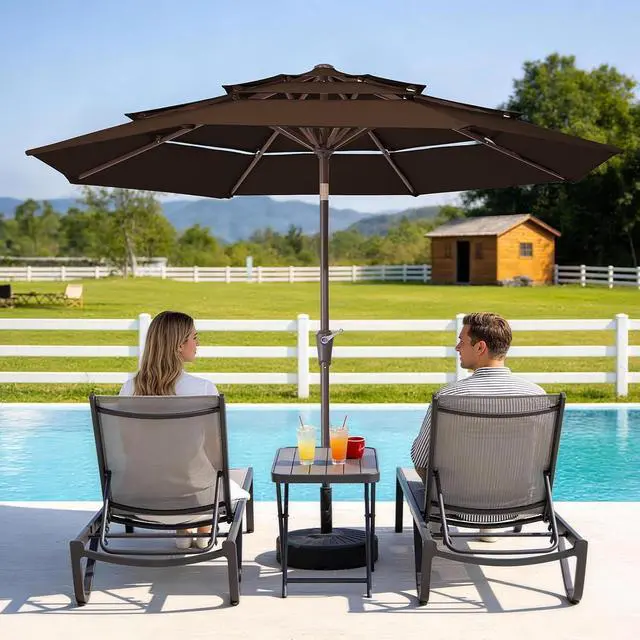 Alt view image 6 of 7 - JEAREY 3 Tier 9 ft Outdoor Patio Umbrella with Tilt and Crank, Brown | Market Table Umbrella with 8 Sturdy Ribs, 1.5 in Pole, UV Protection Waterproof Sunproof for Pool, Deck and Backyard