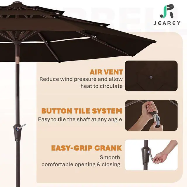 Alt view image 7 of 7 - JEAREY 3 Tier 9 ft Outdoor Patio Umbrella with Tilt and Crank, Brown | Market Table Umbrella with 8 Sturdy Ribs, 1.5 in Pole, UV Protection Waterproof Sunproof for Pool, Deck and Backyard