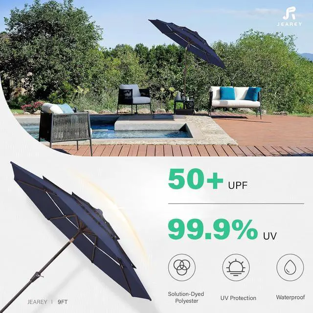 Alt view image 7 of 7 - JEAREY 3 Tier 9 ft Outdoor Patio Umbrella with Tilt and Crank, Navy | Market Table Umbrella with 8 Sturdy Ribs, 1.5 in Pole, UV Protection Waterproof Sunproof for Pool, Deck and Backyard