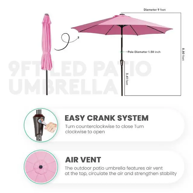 Alt view image 5 of 7 - JEAREY 9FT Outdoor Patio Umbrella with Solar Lights, LED Lighted Pool Umbrella with Tilt and Crank, Outdoor Table Umbrellas for Deck, Yard & Market (Rose Pink)