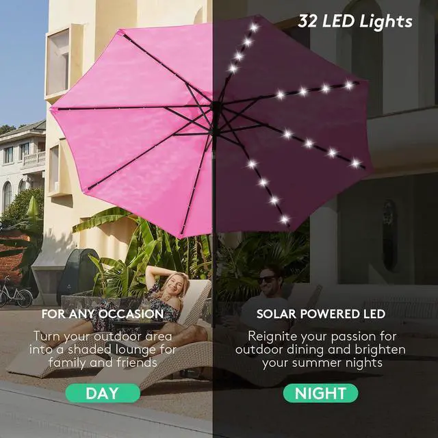 Alt view image 4 of 7 - JEAREY 9FT Outdoor Patio Umbrella with Solar Lights, LED Lighted Pool Umbrella with Tilt and Crank, Outdoor Table Umbrellas for Deck, Yard & Market (Rose Pink)