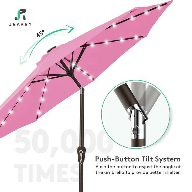 Alt view image 7 of 7 - JEAREY 9FT Outdoor Patio Umbrella with Solar Lights, LED Lighted Pool Umbrella with Tilt and Crank, Outdoor Table Umbrellas for Deck, Yard & Market (Rose Pink)