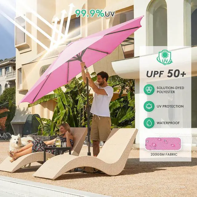Alt view image 6 of 7 - JEAREY 9FT Outdoor Patio Umbrella with Solar Lights, LED Lighted Pool Umbrella with Tilt and Crank, Outdoor Table Umbrellas for Deck, Yard & Market (Rose Pink)